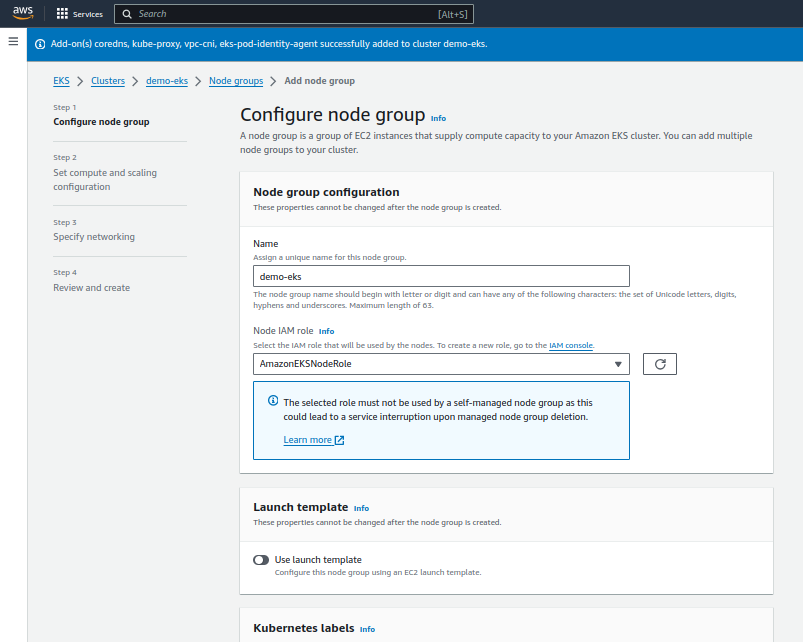 Continuer with node group creation 1